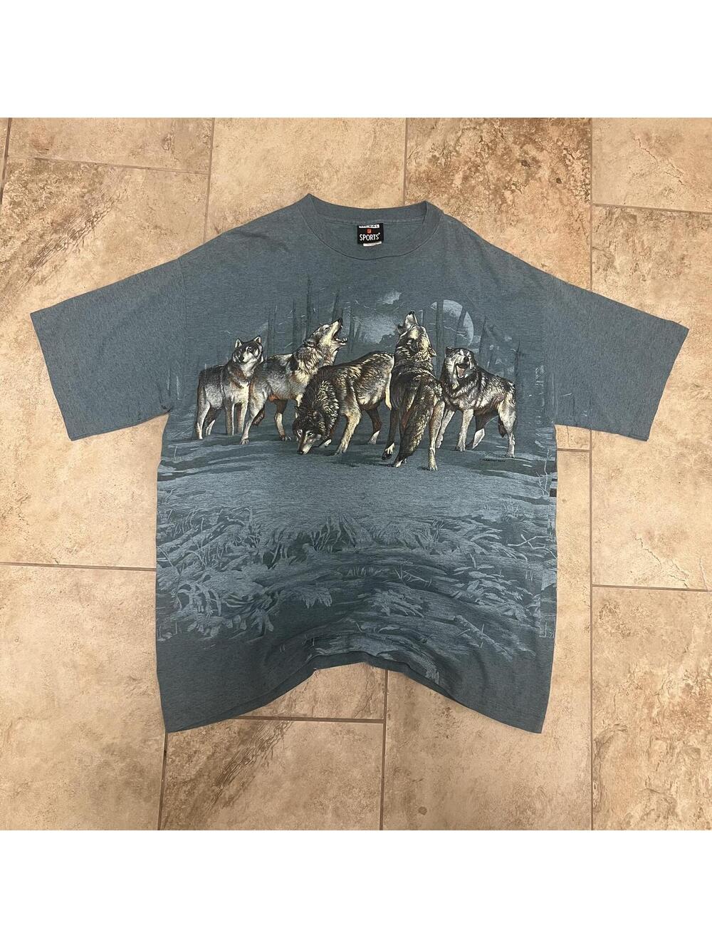 Vtg 90s AOP Habitat Wolf Graphic T Shirt Sz. XL USA Single Stitch Nature Animal